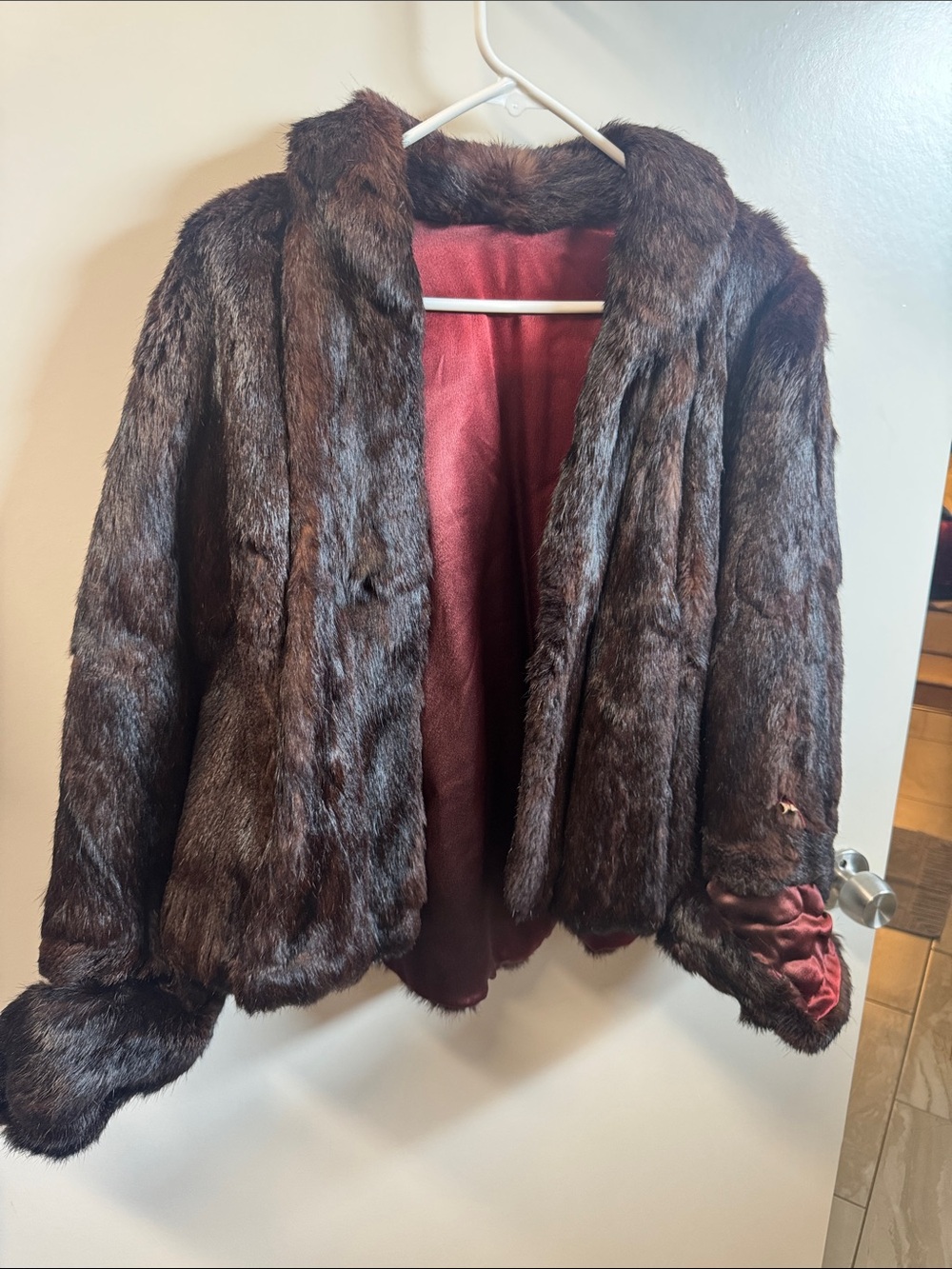 Luxurious Brown Fur Jacket with Burgundy Lining